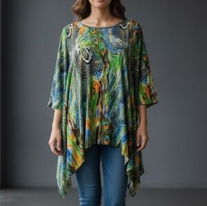 LA MODA BEACH Fairycore Peacock Assymetric Handkerchief Sharkbite Blouse Medium